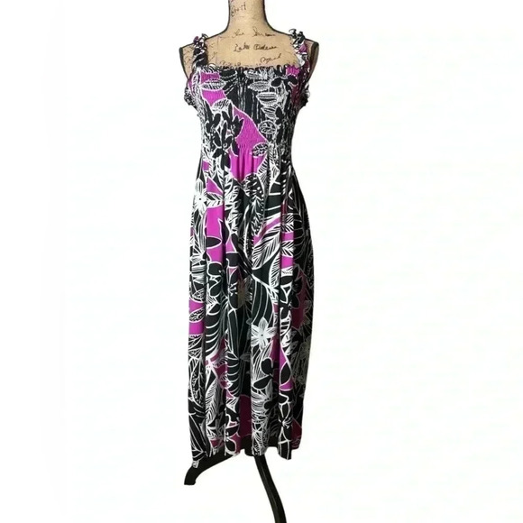 R&K Sundress Purple Dress Floral Tropical Midi Halter Elastic  Size  12 - Picture 1 of 5